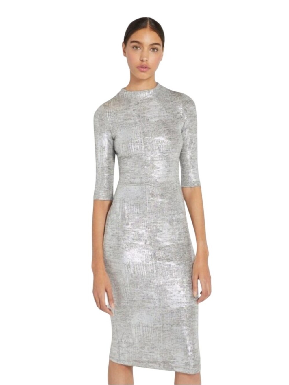 Alice + Olivia Delora Fitted Mock Neck Metallic Midi Dress  Size 2